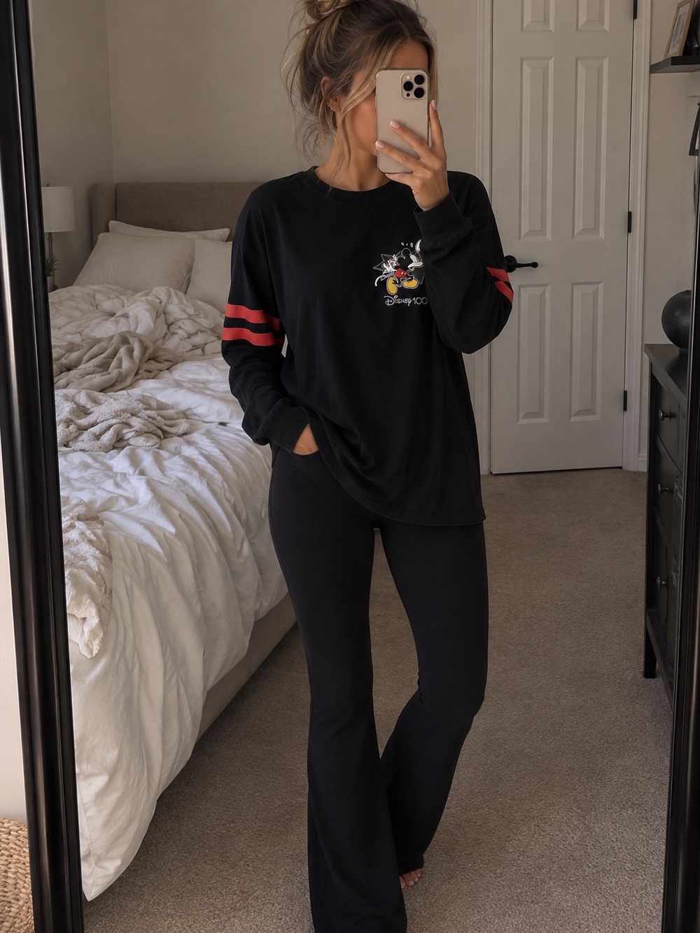 Disney Black Long-Sleeve Tee with Red Sleeve Stripes and Mickey Graphic